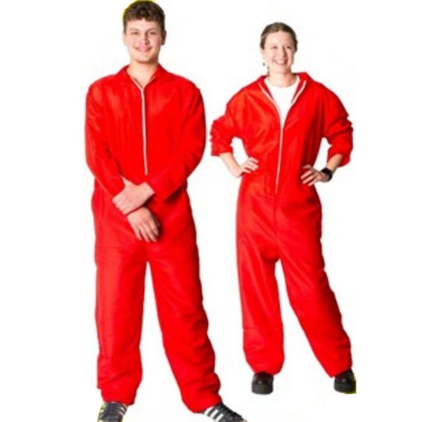 Overalls Red Adult Costume – bright red jumpsuit for sports days, group costumes, and themed events