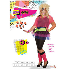80s neon party girl costume with tutu dress, fishnet top, leggings, and belt