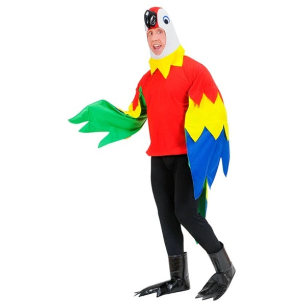 Adult Parrot Costume with colourful bird design, mask and feet – front view