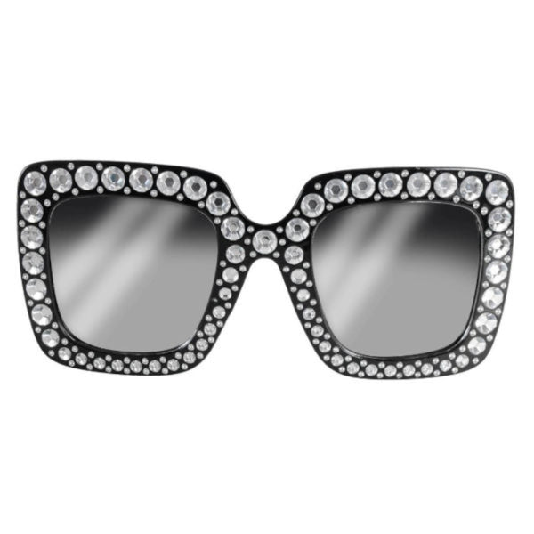 Black square novelty party glasses with clear diamante detailing