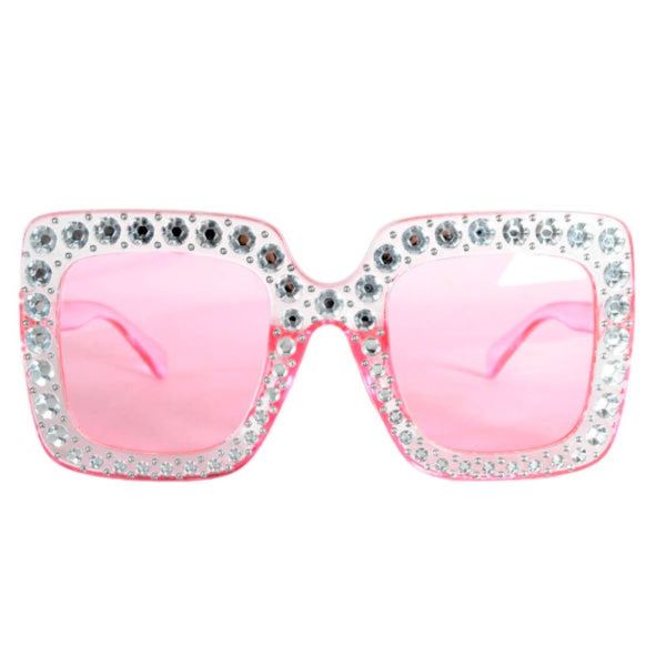 Pink square novelty party glasses with clear diamante detailing