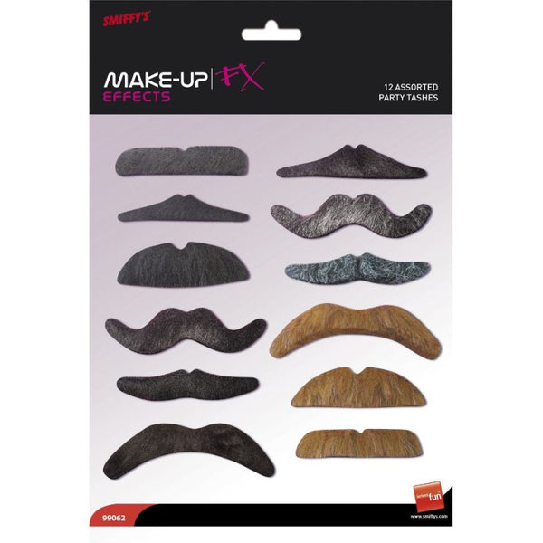 Party moustaches pack of 12 assorted colours