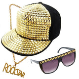 Party Rock Kit – studded cap, gold-trimmed glasses, and neck chain for 1980s rock or hip hop costumes.