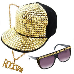 Party Rock Kit – studded cap, gold-trimmed glasses, and neck chain for 1980s rock or hip hop costumes.