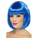 Blue Partyrama Wig in short bob style with fringe – synthetic fibre, perfect for costume parties, cartoon characters, or celebrity-inspired looks.
