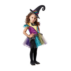 Patchwork Witch Costume - Child, colourful tutu style dress with matching witch hat.