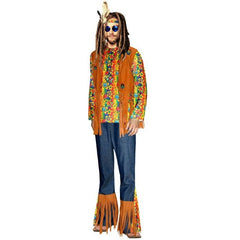 Men’s 1960s hippie costume with flower shirt, fringed vest and flared pants
