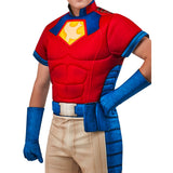 Blue and red Peacemaker jumpsuit with emblem