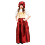 Peasant girl costume with red skirt cream corset and bonnet hat
