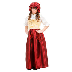 Peasant girl costume with red skirt cream corset and bonnet hat
