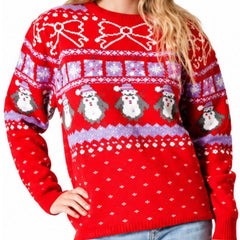 Ladies penguin Christmas jumper with festive Fair Isle knit design worn by model