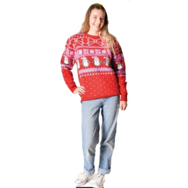 Ladies penguin Christmas jumper with festive Fair Isle knit design worn by model