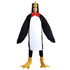 Novelty foam penguin adult costume with attached hood, long sleeves for flipper and novelty yellow web feet