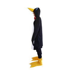 Novelty foam penguin adult costume with attached hood, long sleeves for flipper and novelty yellow web feet