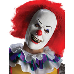 Pennywise Deluxe Clown Costume, yellow jumpsuit with attached vest and neck frill plus mask with hair.

