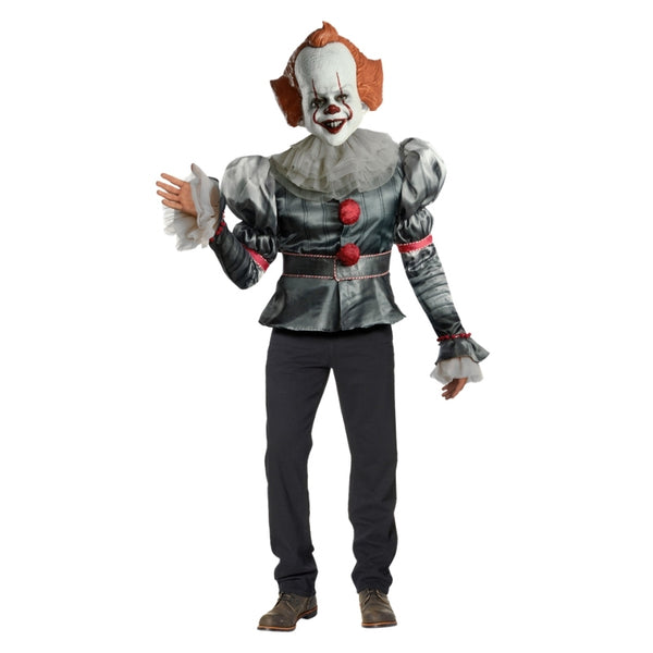 Pennywise IT Chapter 2 Deluxe Adult Costume with satin clown top and character mask front view