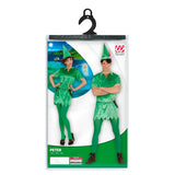 Green elf costume packaging with two people wearing the costume on a white background.