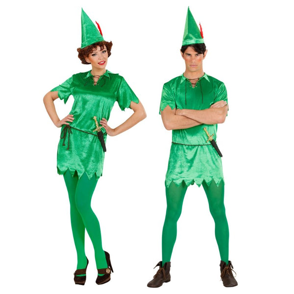 Peter fairy-tale costume with tunic dress, belt, and pointed hat, unisex design also suitable as an elf outfit