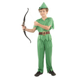 Child’s Peter Pan costume with green shirt, pants, feathered hat, and brown belt