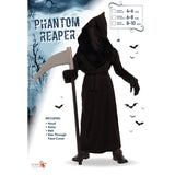 Child’s Phantom Reaper costume with black robe, hood, belt, and mesh face cover – perfect for Halloween and spooky events