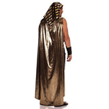 person modelling egyptian pharaoh style costume showing back view with headpiece and gold cape on a white background