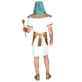 Person wearing an Egyptian costume with a white robe, headscarf, and sandals on a white background