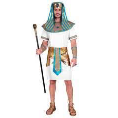 Adult pharaoh costume with Egyptian tunic and traditional headpiece