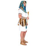 Person wearing an Egyptian pharaoh costume with a headdress and staff on a white background