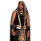 person modelling egyptian pharaoh style costume in black and gold on a white background