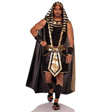 person modelling egyptian pharaoh style costume in black and gold on a white background