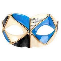 Pietro Venetian eyemask in blue, black, and cream with musical notes and gold embossing – Harlequin masquerade mask