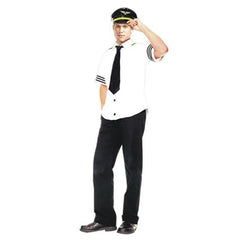 Adult pilot costume with airline captain uniform and pilot hat