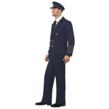Pilot Adult Costume - Navy Blue, double breasted jacket with gold trim, trousers and hat.