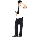 Pilot adult costume, white short sleeve shirt with trim around sleeve, hat and tie.