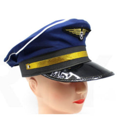 Adult blue pilot hat with front emblem – airline captain costume accessory