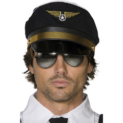 Black pilot cap with wings emblem costume accessory