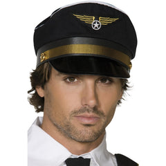 Black pilot cap with wings emblem costume accessory