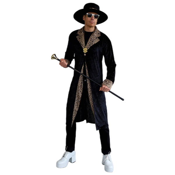 Black Pimp Coat and Hat with leopard print trim front view