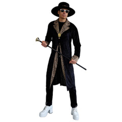 Black Pimp Coat and Hat with leopard print trim front view
