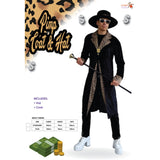 Black Pimp Coat and Hat with leopard print trim packaging