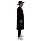 Black Pimp Coat and Hat with leopard print trim side view