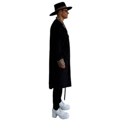 Black Pimp Coat and Hat with leopard print trim front view