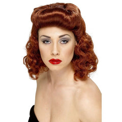 Pin up girl wig, auburn, top pinned up and loose shoulder length curls.