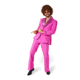 Man wearing pink disco suit costume 