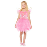 Pink fairy childs costume with layers of fabric in skirt, butterflies and flowers on bodice plus wings.