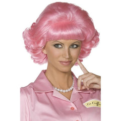 Pink Frenchy Wig, teased up on top and flicked out at the sides, licensed pink ladies wig.