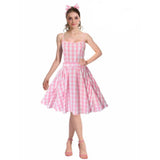 Pink Gingham Doll Costume – pink gingham dress with belt and hair bow for doll-themed parties