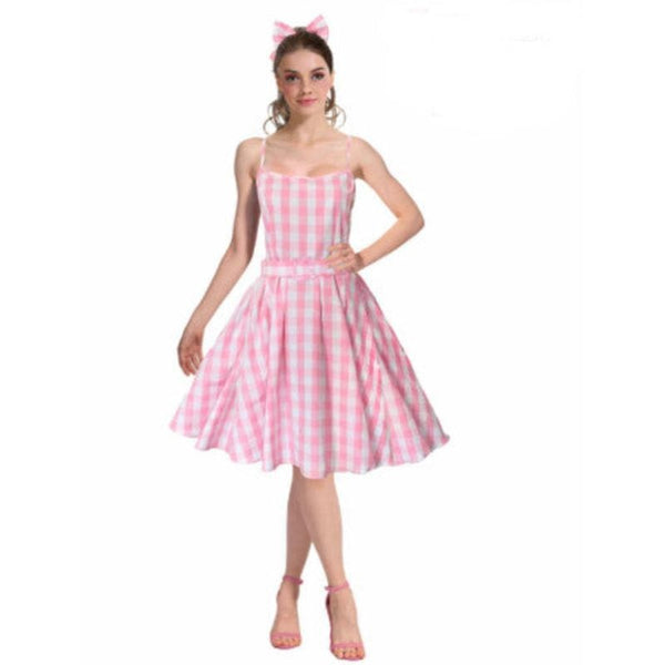 Pink Gingham Doll Costume – pink gingham dress with belt and hair bow for doll-themed parties