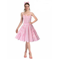 Pink Gingham Doll Costume – pink gingham dress with belt and hair bow for doll-themed parties