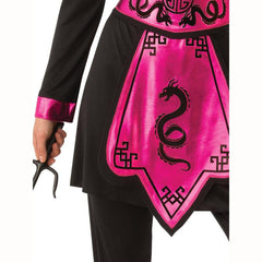 Pink Ninja Warrior Costume - Ladies, black and pink dress with Japanese symbols, matching belt, black leggings, pink headband.
